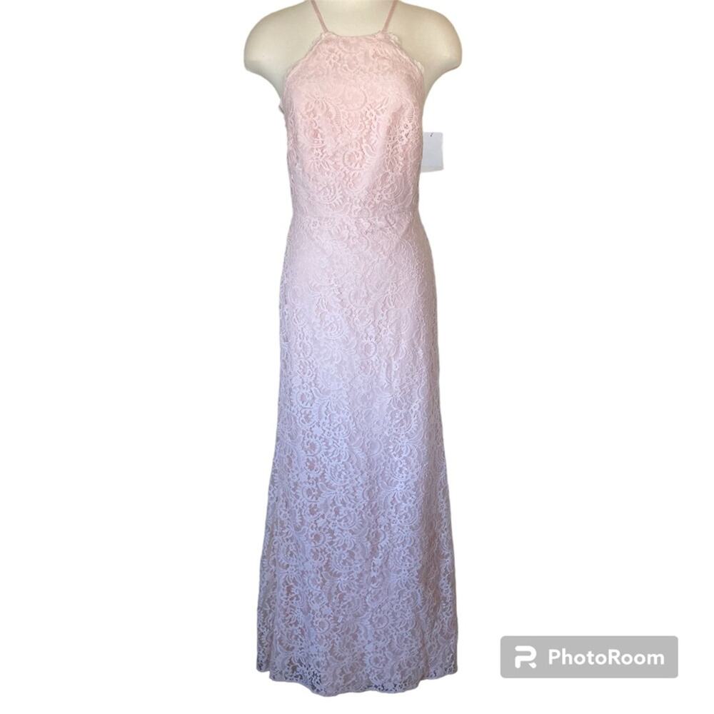 Dessy Collection NWT Halter Cross Back Marquis Lace Trumpet Blush Dress Size 12 - Picture 3 of 7